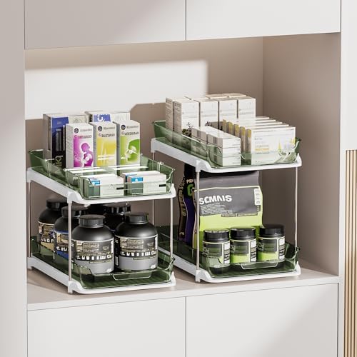Delamu 2-Tier Multi-Purpose Bathroom Under Sink Organizers and Storage, Stackable Kitchen Pantry Organization, Pull Out Medicine Cabinet Organizer with Movable Dividers, Light Green, 4 Pack