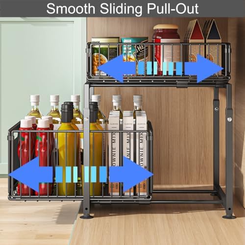 Under Sink Organizer, 2-Tier Multi-Use Kitchen and Bathroom Organizers and Storage, Slide Out Thickened Metal Under The Sink Organizer for Kitchen Bathroom Pantry (Style A Black, 1 Pack)