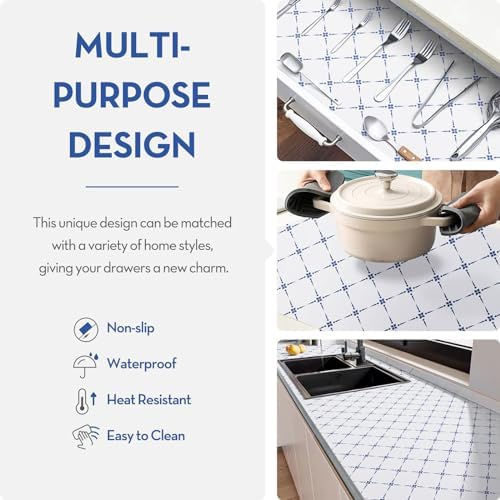 Drawer Shelf and Cabinet Liner, Thick Strong Grip,Shelf Liners Non-Adhesive Liners Protect Kitchen Cabinets and Cupboard, Bathroom Drawers,Under Sink Mat,17.5IN X 20FT, Blue Stripe