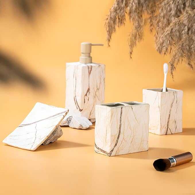 RQYIXI Ceramic 4-Piece Bathroom Accessories Set, Brown, Marble Design | marble look ceramic square design unique veining pattern modern countertop organization