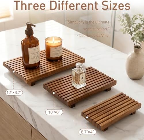 Acacia Wood Pedestal Stand Bathroom Tray Organizer Kitchen Counter Decor