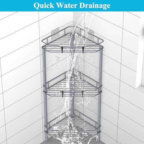 HuggieGems Metal Floor Standing Corner Shower Caddy, Dark Gray, 3 Tier