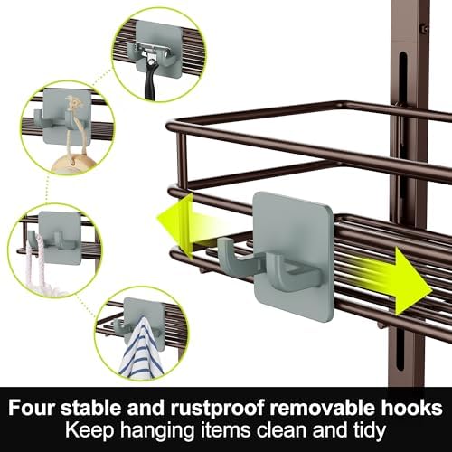 Orimade Over the Door Shower Caddy Adjustable 5 Tier Bronze,Bathroom Hanging Organizer Shelf Rustproof with 4 Hooks,Shower Basket with Soap Holder and Suction Cup