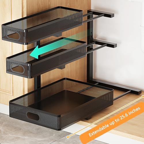 Under Sink Organizer, 2-Pack 3-tier Under Sink Storage Organizer Adjustable Height Easy Assembly Pull Out Cabinet Organizers Basket for Bathroom Kitchen Pantry Home Organization