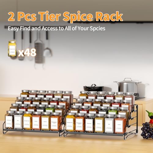 BOIVSHI 4 Tier Spice Rack Organizer, Spice Rack for Cabinet, Adjustable Depth Seasoning Shelf for Countertop, Pantry, Seasoning Organizer, Metal, Black (2 Pack)