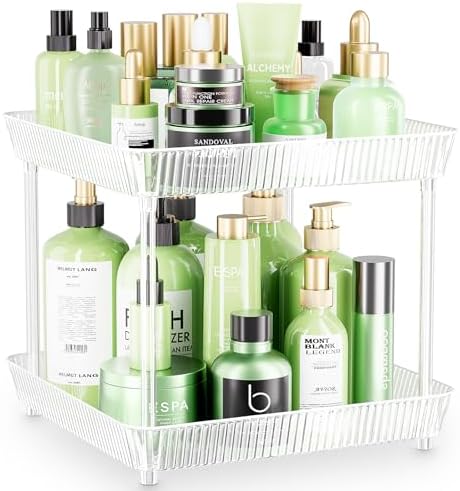 2 Tier Lazy Susan Bathroom Countertop Organizer, 360° Clear Rotating Square Storage Tray, Cosmetics and Perfume Organizer, Spinning Storage Tray Vanity Organizer Shelf for Bathroom Cabinet, Kitchen