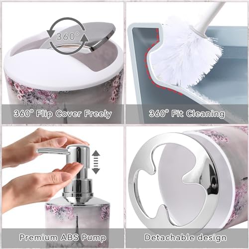 Bathroom Accessories Set Complete 9 Piece Bathroom Sets with Toothbrush Holder,Toothbrush Cup,Lotion Soap Dispenser,Soap Dish,Toilet Brush,Trash Can,Qtip Holder