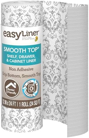 Smooth Top EasyLiner for Cabinets & Drawers, Easy to Install, Shelf Paper & Drawer Liner Non Adhesive, Non Slip Shelf Liner for Pantry, Kitchen Essentials, 12 in x 24 ft (1 Pack), 24 ft, Gray Damask