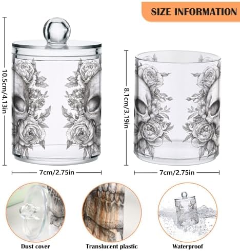 Sugar Skull Qtip Holder 4 Pack - 10 Oz Clear Plastic Apothecary Jar Set for Bathroom Organization - Versatile Canister Storage for Cotton Balls, Swabs, Rounds