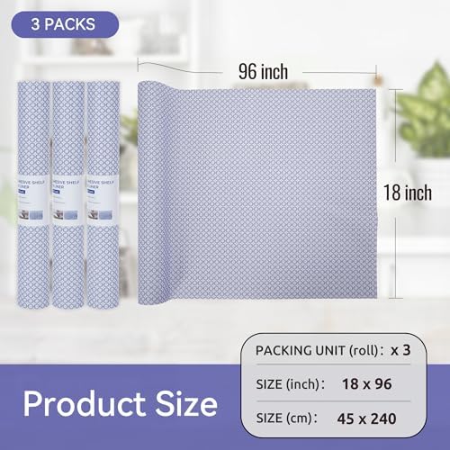 FIFTY FEET 18"x96" Non-Adhesive Shelf Liner for Kitchen Cabinets and Drawers, Washable Non-Slip PVC Cabinet Liner (Blue Circle)(3 Roll)