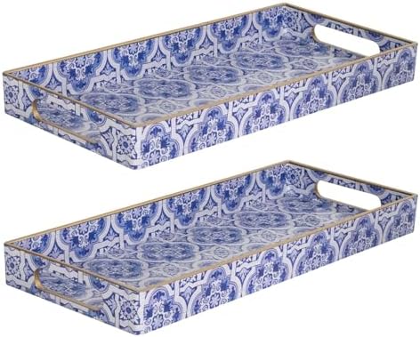 MAONAME Blue Vanity Tray Set of 2, Plastic Decorative Trays with Handles