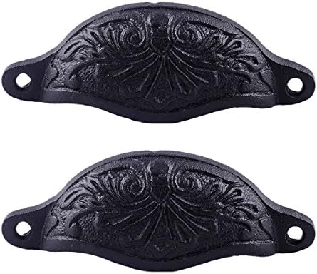 Renovators Supply Manufacturing Black Wrought Iron Cup Bin Pull Cabinet Drawer Handle 5", Pack of 2