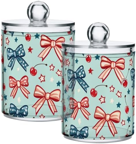 Gredecor 2 Pack Qtip Holder Clear Patriotic Red Blue Bows Cherry Star Apothecary Jars with Lids Acrylic Bathroom Jars Vanity Countertop Canister Storage Organizer for Cotton Ball,Swabs,Pads,Floss