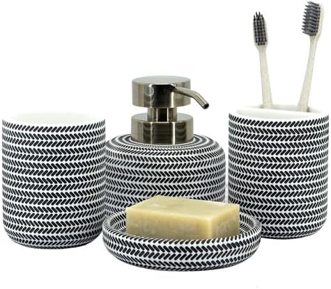 ZCCZ Black and White Bathroom Accessories Set, 4 Pieces - Toothbrush Holder, Soap Dispenser, Vanity Tray, Tumbler - Countertop Organizer for Bathroom Decor - Modern Accessory Set for Home and Office