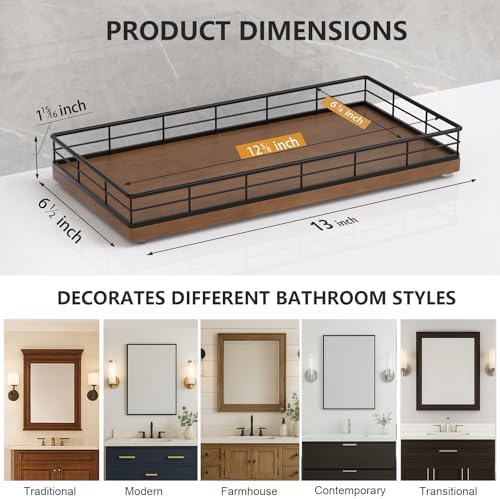 Toilet Paper Basket Organizer, Oak Wood Toilet Tank Tray with Metal Frame