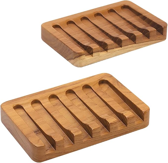 2PCS Self Draining Soap Dishes by HTB, Teak Wood Soap Holder, Soap Saver for Shower, Bathroom, Bath Tub, Kitchen Sponges, Easy Dry Extend Soap Life