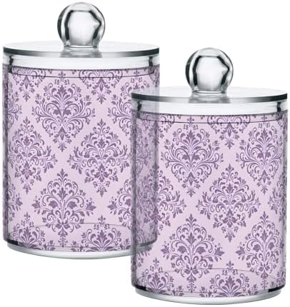 MNSRUU 2 Pack Qtip Holder Organizer Dispenser Purple Morden Floral Bathroom Storage Canister Cotton Ball Holder Bathroom Containers for Cotton Swabs/Pads/Floss