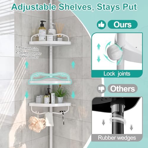 Corner Shower Caddy:125" Adjustable Inside Tension Shower Organizer Tension Pole,Rustproof Bathroom Organizer Shelves for Bathtub Shampoo Conditioner Storage,Floor to Ceiling Standing Showering Rack