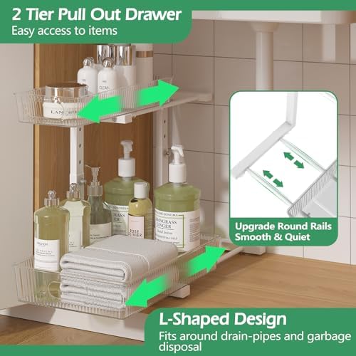 ADRIMER Under Sink Organizer 2 Packs, Pull Out Kitchen Sink Organizer, 2 Tier Slide Out Kitchen Organizers and Storage Bathroom Under Cabinet Storage Shelf, Transparent & White