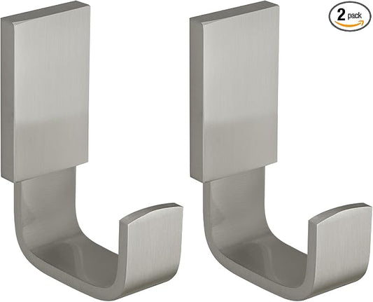 BESy Brass Clothes Hook Single Towel Hook for Bathroom Kitchen Garage Square Style Robe Hook Coat Hook Hat Hook, Wall Mounted with Screws, Two Packs, Brushed Nickel