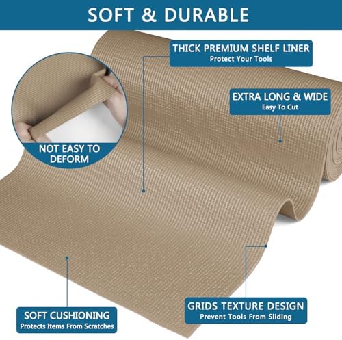 Foam Toolbox Liner Drawer Liner, Non-Slip Shelf Liners 16" W x 72" L Khaki