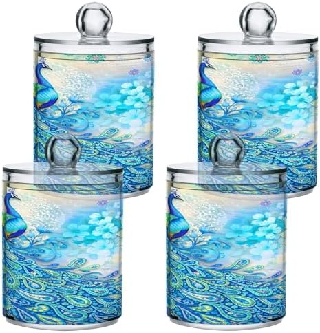 MNSRUU 2 Pack Qtip Holder Organizer Dispenser Peacock Bathroom Storage Canister Cotton Ball Holder Bathroom Containers for Cotton Swabs/Pads/Floss