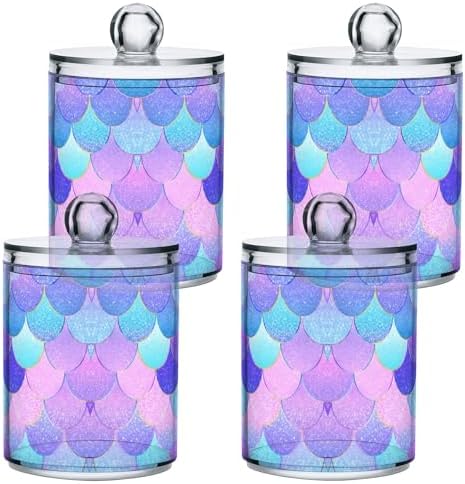 MNSRUU 2 Pack Qtip Holder Organizer Dispenser Pink Blue Mermaid Scales Bathroom Storage Canister Cotton Ball Holder Bathroom Containers for Cotton Swabs/Pads/Floss
