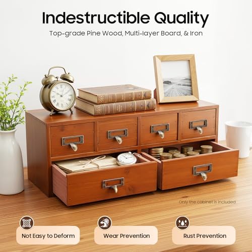 6-Drawer Vintage Desk Organizer Tabletop Apothecary Cabinet Vintage Wooden Drawers Library Card Catalog Cabinet for Store Medicine, Jewelry, Tea Collection (Brown)