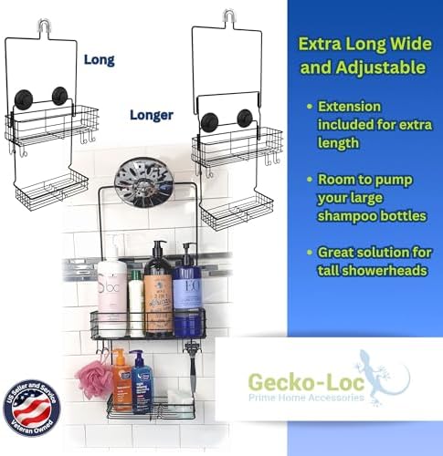 Gecko-Loc Extra Long Wide Adjustable Length over the showerhead hanging shower caddy organizer - for Shampoo, Soap, & Razors - Black