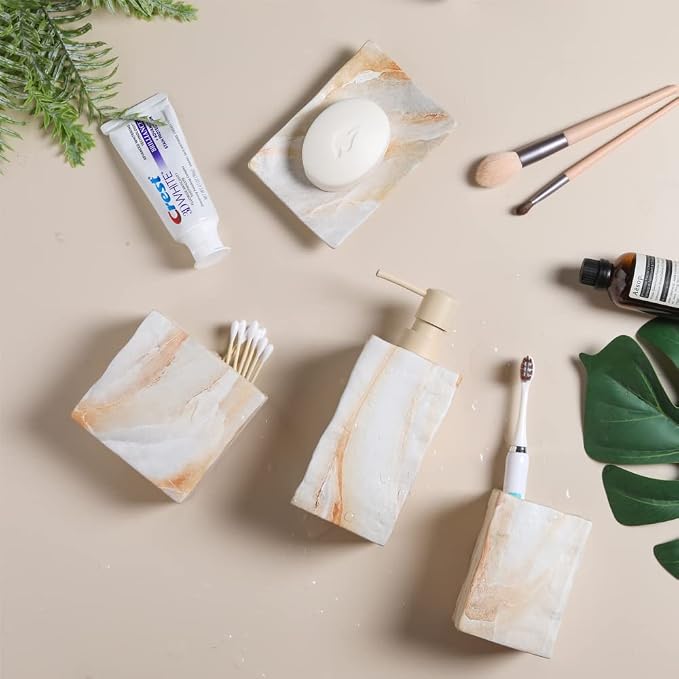 RQYIXI Ceramic 4-Piece Bathroom Accessories Set, Beige, Marble Design | marble look ceramic square design unique veining pattern modern countertop organization