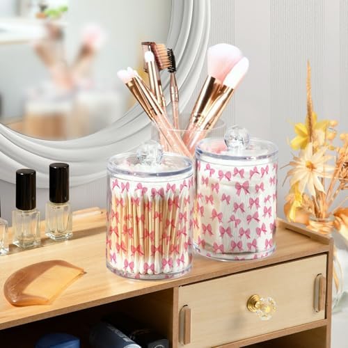 ALAZA 2pcs Cute Bow White Qtip Holder Dispenser 14 oz Bathroom Storage Clear Apothecary Jars Containers Cotton Ball,Cotton Rounds,Floss Picks, Hair Clips, Food