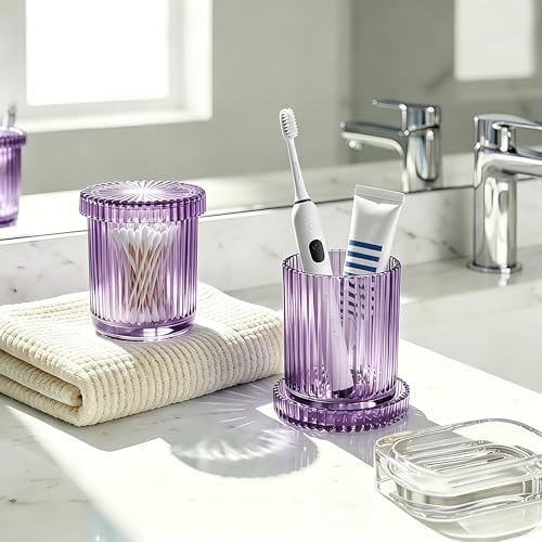 2 Pack Glass Qtip Holder Dispenser Set - Bathroom Organizer for Cotton Swabs, Balls, Pads, Floss Picks - Clear Apothecary Jars for Vanity, Makeup Storage, Bathroom Accessories Decor (Purple)