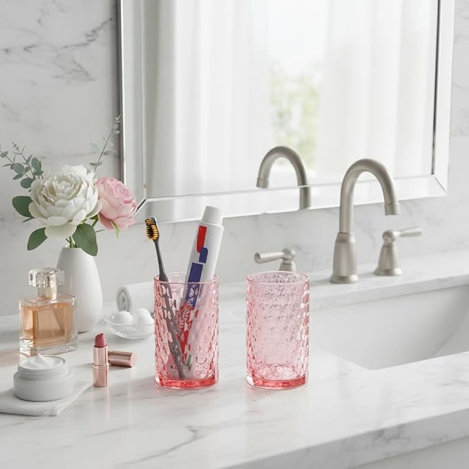 Glass Toothbrush Holder, Pink Bathroom Toothbrush and Toothpaste Holder Set, 11 oz Bathroom Tumbler Cup Set, Decorative Countertop Storage Cups Organizer for Toothpaste, Brushes