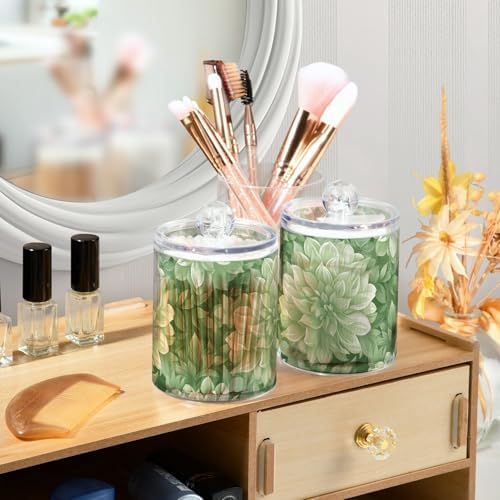 Fustylead 4 Pack Sage Green and White Dahlia Qtip Holder Dispensers, Plastic Apothecary Jar Bathroom Accessories Set for Cotton Ball, Swab, Round Pads, Floss