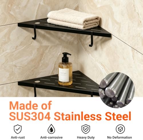 Corner Shower Shelves, 10" Matte Black 304 Stainless Steel Recessed Shelf for Bathroom，With silicone soap dish and razor holder，Grout in Shelf with Hooks for Tiled Wall 2 Pack (Black)