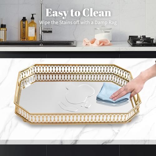 Vintage Gold Mirrored Vanity Mirror Tray Decorative Perfume and Makeup Organizer with Handles for Dresser,Bathroom or Jewelry Display, Decor Home Large Size (Large)