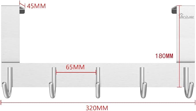 Door Hooks Hanger Rack, Aluminum Utility Organizer Towel Hooks Holder for Kithchen Bathroom, 5 Hooks Over the Door Hanger Silver