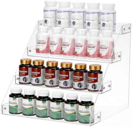 BSTKEY 4 Tier Vitamin Bottles Organizer, Acrylic Widen Tiered Tray for Medicine Bottle Prescription Bottles, Pill Bottle Organizer, Spice Rack Shelf Vanity Storage for Cabinet Kitchen Countertop