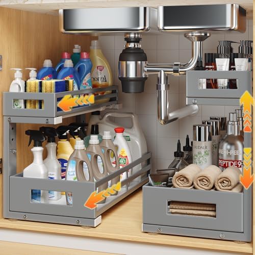 2-Pack 17"Deep Under Sink Organizer And Storage, 2-Tier L-Shaped Pull Out Cabinet Organizer with Upgraded Slide Rails, Height Adjustable Drawers for Kitchen&Bathroom, Extra-Large Storage Shelves–Gray