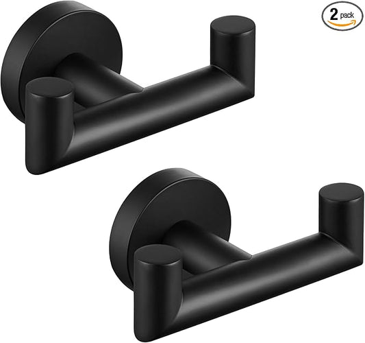 Angle Simple Double Towel Hook Matte Black 2 PCS, SUS304 Stainless Steel Bathroom Robe Hook, Hand Towel Holder for Wall
