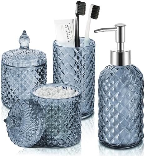 RYTOXILO Blue Bathroom Accessories Set, 4 Pack Light Blue Bathroom Decor Accessory Sets Complete, Diamond Glass Soap Dispenser and Toothbrush Holder Set for Bath Counter Organizer Essentials