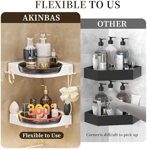 akinbas Corner Shower 2 Tier Caddy Lazy Susan Organizer 360 Rotating Corner Shelf Wall Mounted with No Drilling Shelves for Bathroom Dorm and Kitchen (Black)