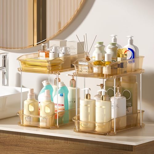 Delamu 2-Tier Under Sink Organizers and Storage, Multi-Purpose Stackable Bathroom Cabinet organizers, Pull Out Kitchen Pantry Organization and Storage with Dividers(2 Pack, Amber)