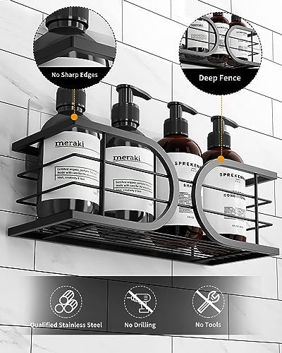 Shower Caddy No Drill Adhesive Wall Mounted SUS304 Stainless Steel Durable Large Capacity Shower Rack Organizer Quick Dry Rustproof Bathroom Storage Shelves - 2 Pack (Black)
