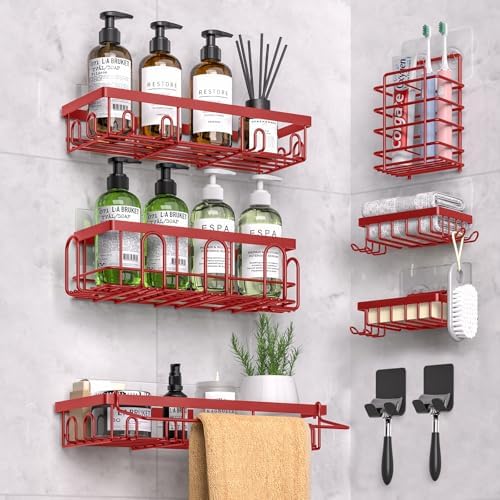 DTUQYX Shower Caddy 9 Pack,Adhesive Organizer for Bathroom Decor Accessories & Kitchen Storage,No Drilling,Large Capacity,Rustproof Stainless Steel Organizer,Home Decor Shelves (Red 9 Pack)