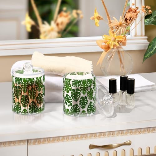 ALAZA 2 Pack Qtip Holder Monstera Leaf Seamless Pattern, Cotton Swab Dispenser with Lid Bathroom Containers Canister Organizer Storage Jar