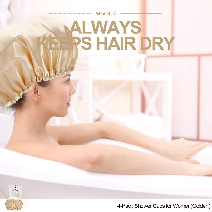 Shower Caps Satin Lined Waterproof for Women Men - 4Pc Golden | Double Layer 100 Percent Dry Jumbo Oversized Fits Thick Hair Smooth Lining Prevents Hair Frizz Snug Elastic Band No Pressure