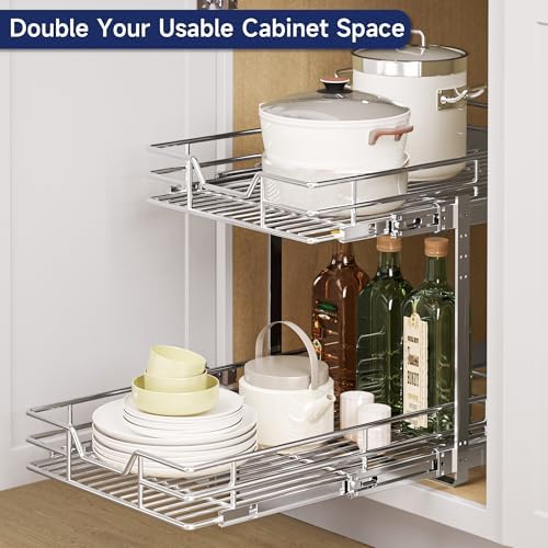 2-Tier Pull Out Cabinet Organizer, 13.5" W x 18" D, Heavy Duty Dual Slide Out Shelves for Base Cabinets, Chrome Wire Basket Drawer for Pantry, Kitchen & Bathroom Storage