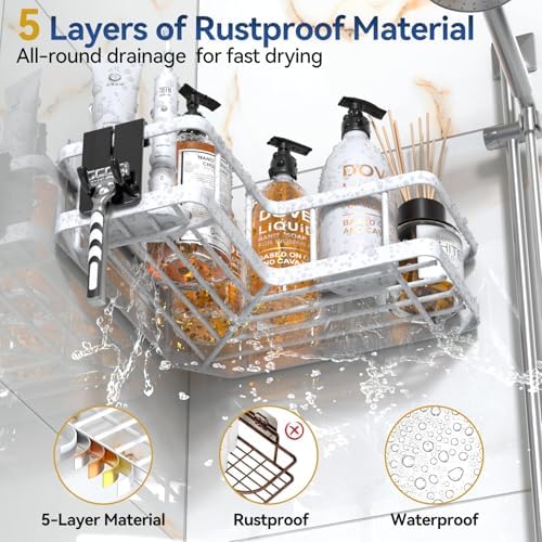 YASONIC Corner Shower Caddy Adhesive, 100% Rustproof Shower Organizer with Soap and Troothbrush Holder, No Drill Shower Shelf for Inside Shower, Wall-Mounted Shower Storage for Homes (5 Pack, White)