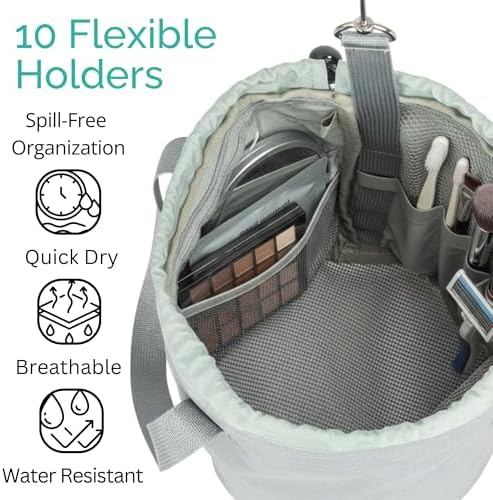 Portable Shower Bag with Drawstring Closure and Breathable Mesh Bottom – Travel Shower Caddy, Foldable Durable Design with Mesh Bottom for Cruise Ship Essentials, College Dorm Shower Caddy (Sage Grey)